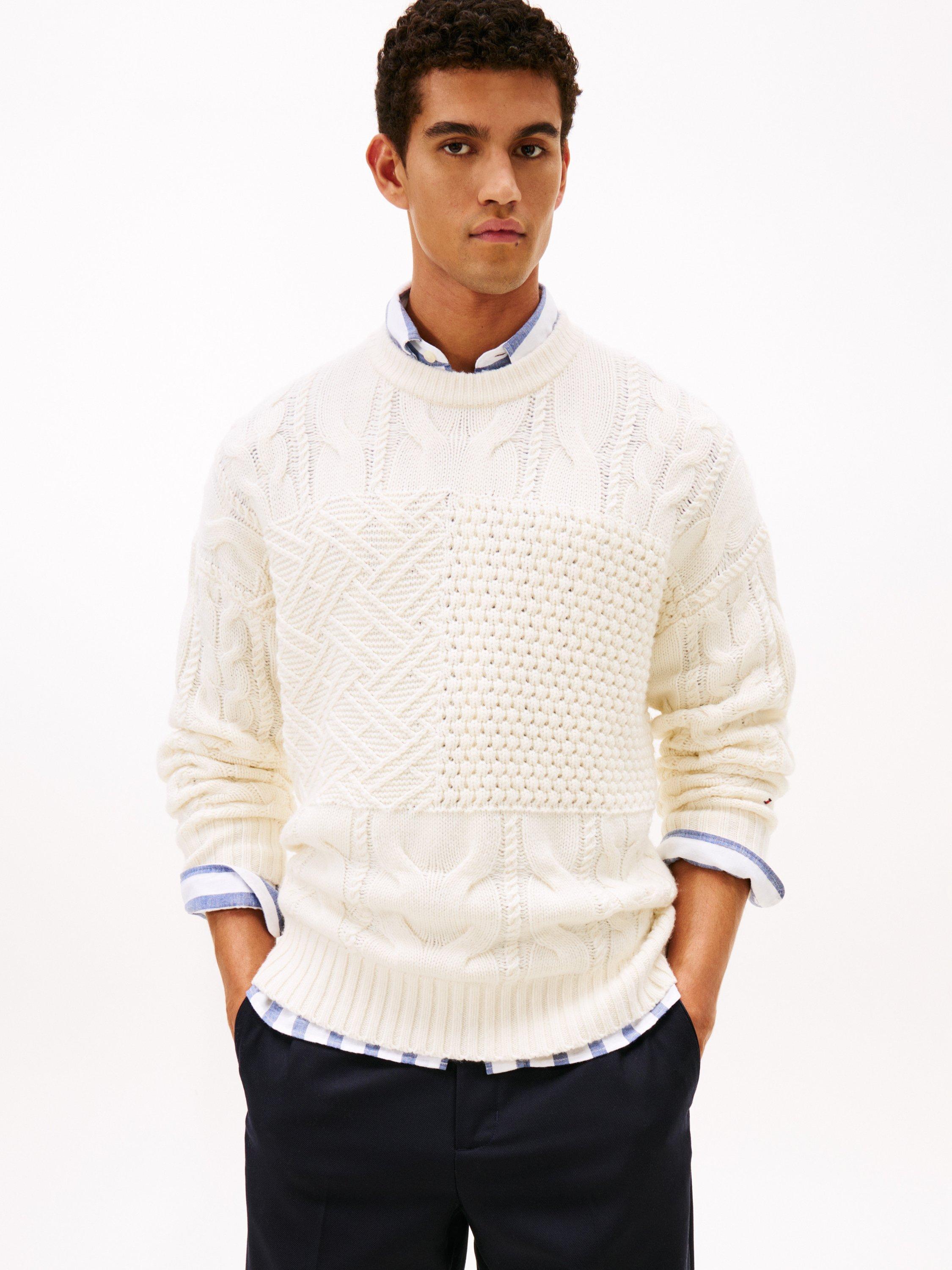 Product image 1 of 5, which shows Tommy Hilfiger Wool Blend Aran Flag Cable Knit Jumper, Ivory, XS