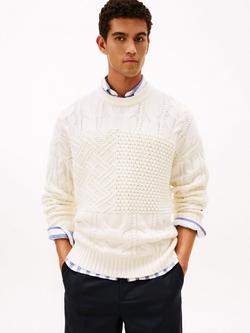 Tommy Hilfiger Wool Blend Aran Flag Cable Knit Jumper, Ivory, Ivory
