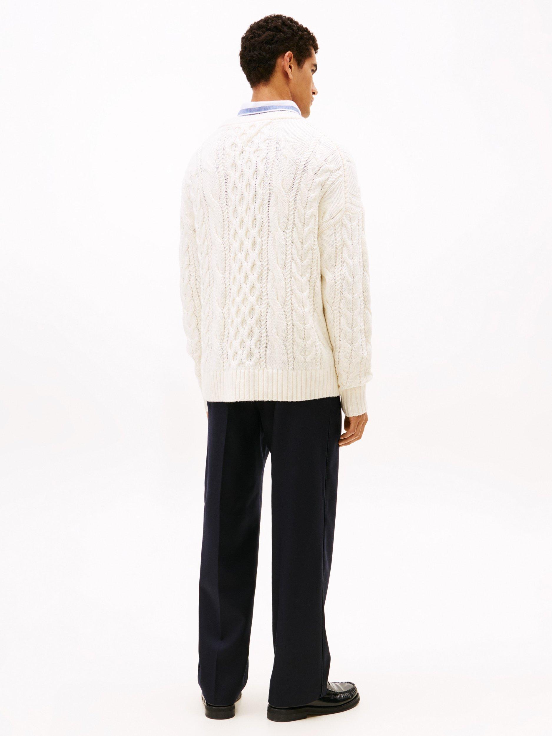 Product image 2 of 5, which shows Tommy Hilfiger Wool Blend Aran Flag Cable Knit Jumper, Ivory, XS