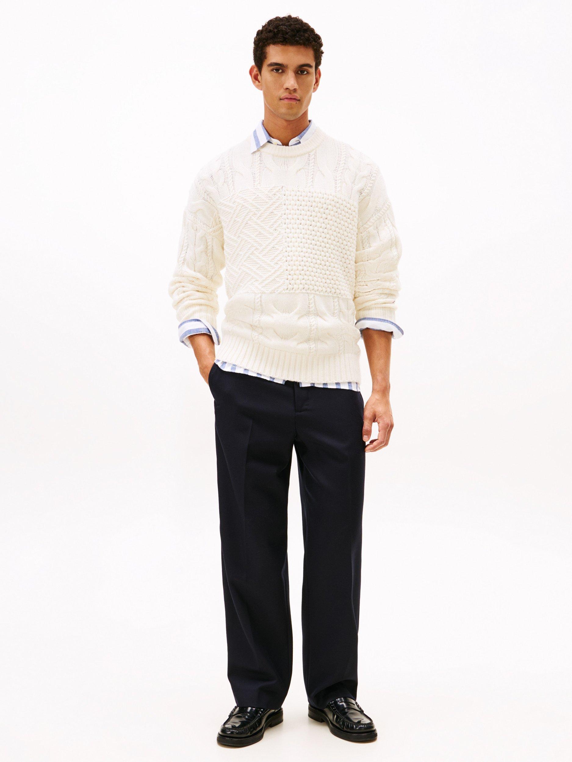 Product image 3 of 5, which shows Tommy Hilfiger Wool Blend Aran Flag Cable Knit Jumper, Ivory, XS