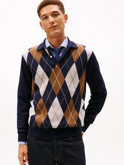 Tommy Hilfiger Cotton Argyle Patterned Knit Polo Top, Desert Sky, Desert Sky