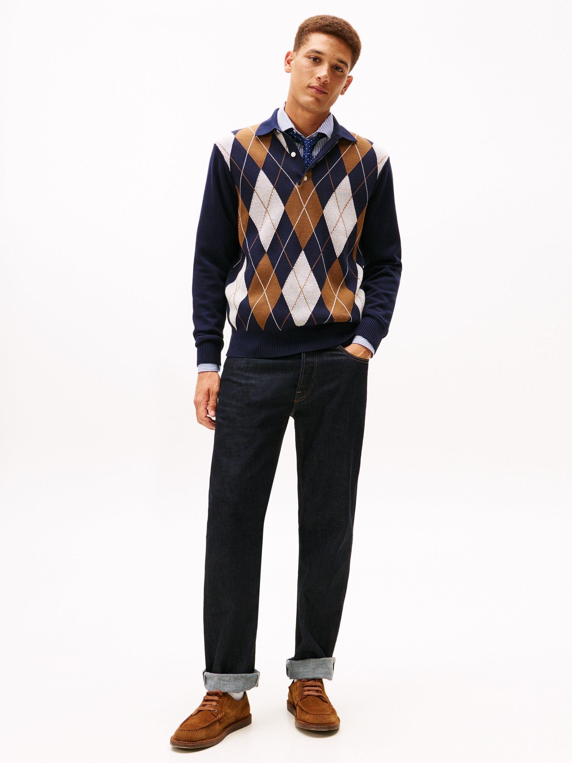 Product image 3 of 5, which shows Tommy Hilfiger Cotton Argyle Patterned Knit Polo Top, Desert Sky, XS