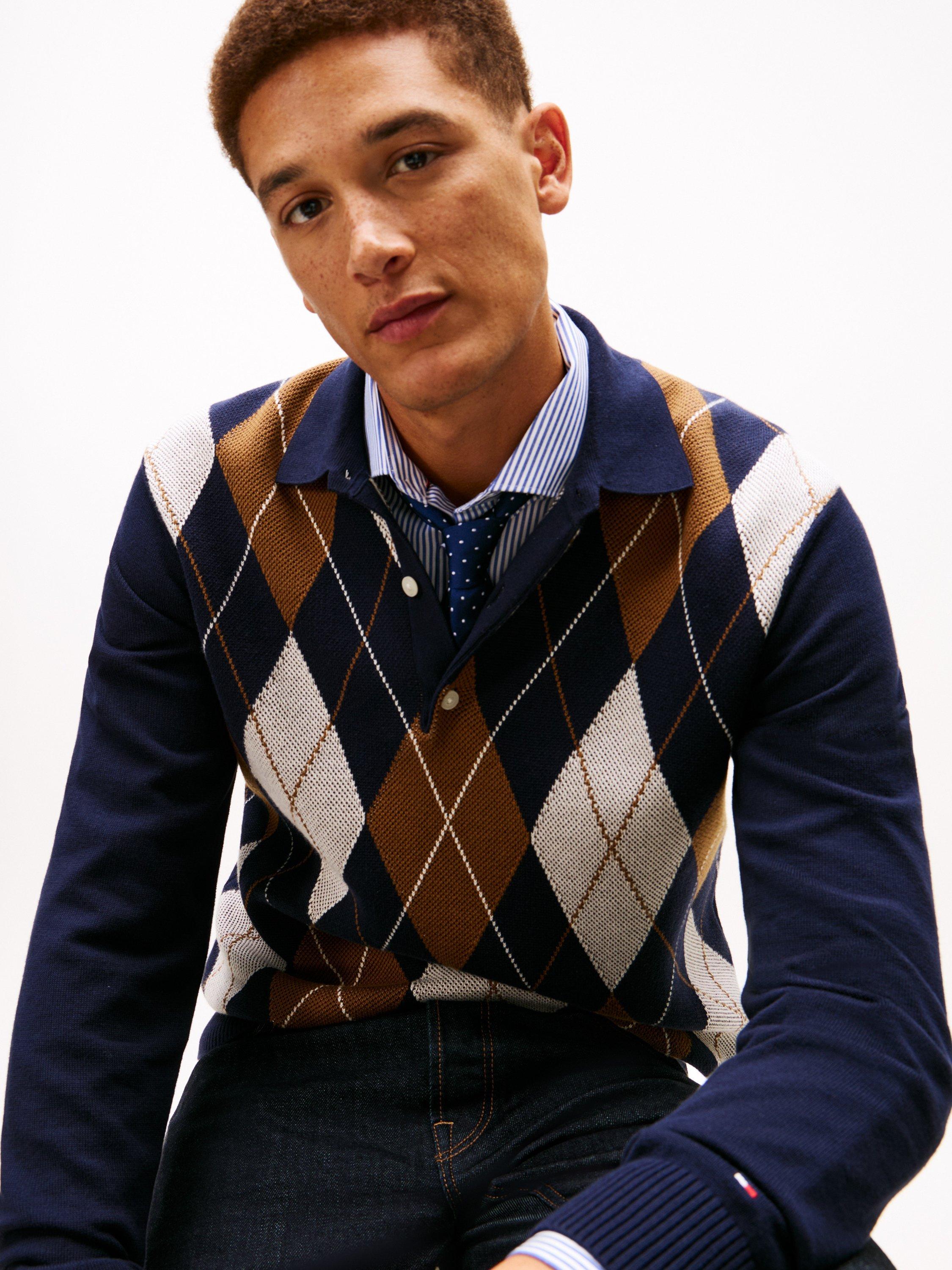 Product image 4 of 5, which shows Tommy Hilfiger Cotton Argyle Patterned Knit Polo Top, Desert Sky, XS