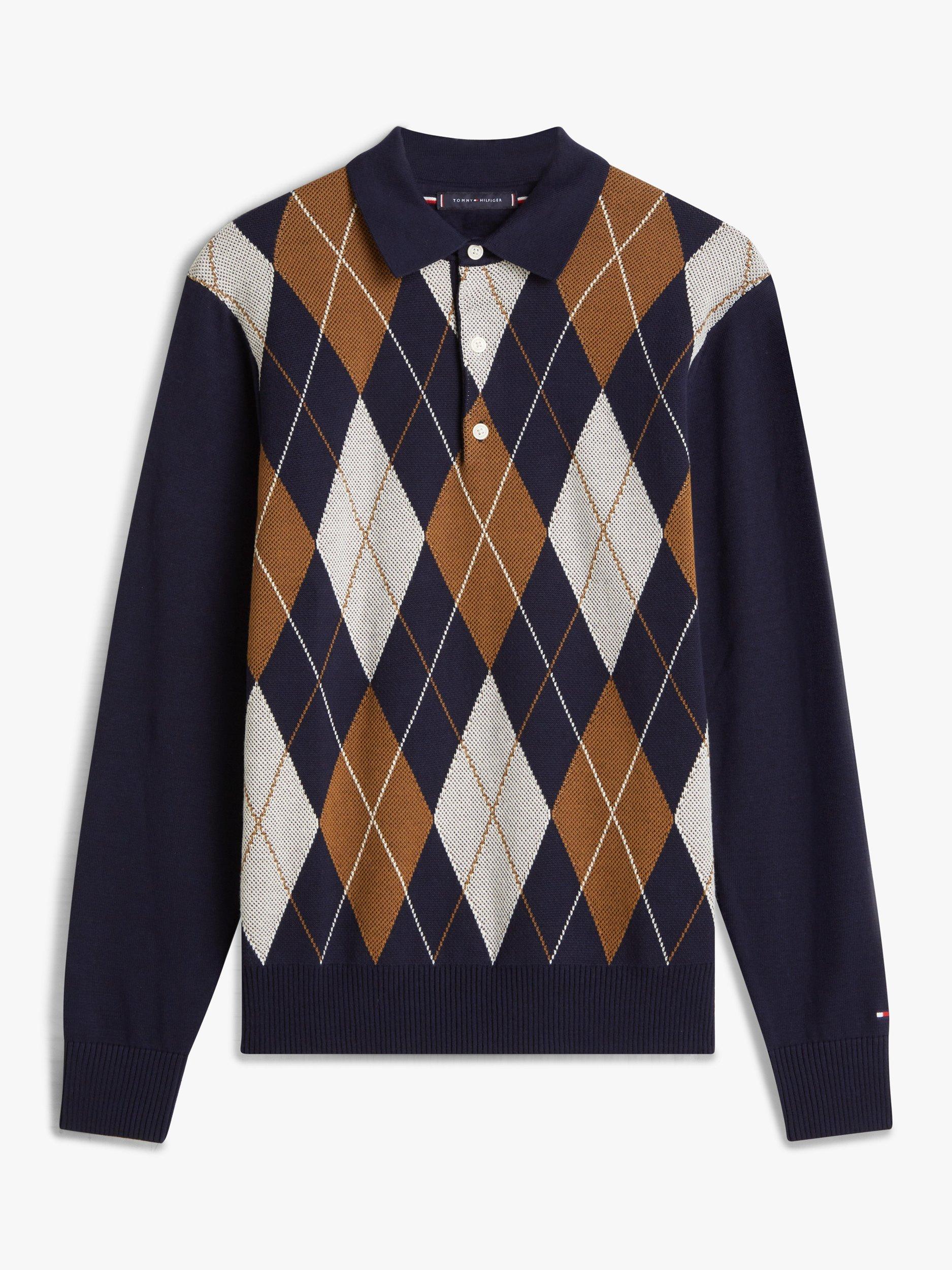 Product image 5 of 5, which shows Tommy Hilfiger Cotton Argyle Patterned Knit Polo Top, Desert Sky, XS