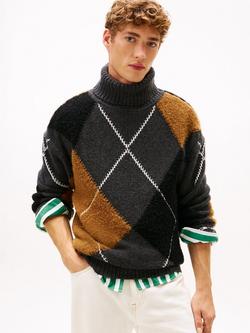 Tommy Hilfiger Wool Blend Argyle Patterned Knit Roll Neck Jumper, Dark Grey Heather, Dark Grey Heather