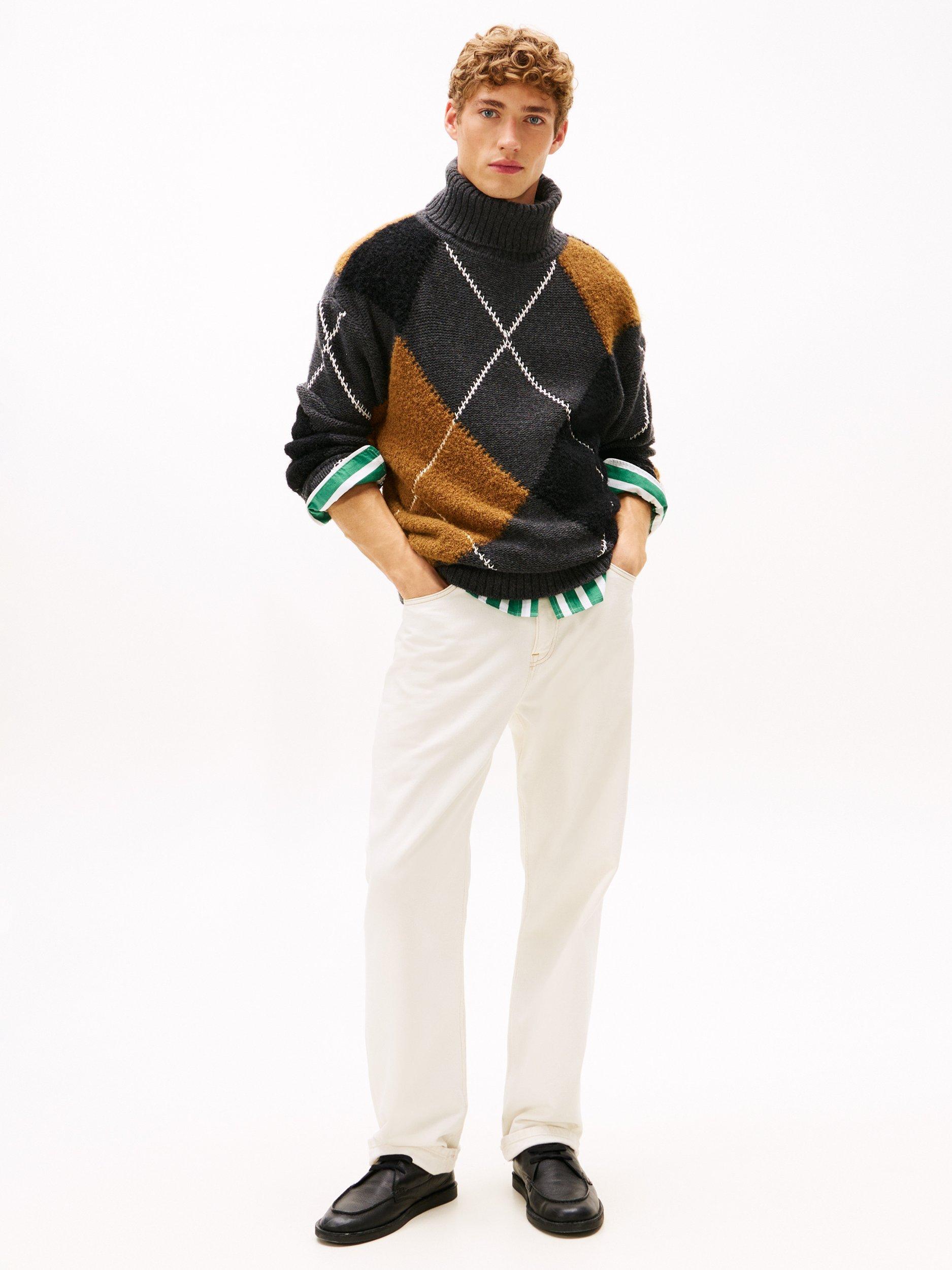 Product image 3 of 5, which shows Tommy Hilfiger Wool Blend Argyle Patterned Knit Roll Neck Jumper, Dark Grey Heather, XS