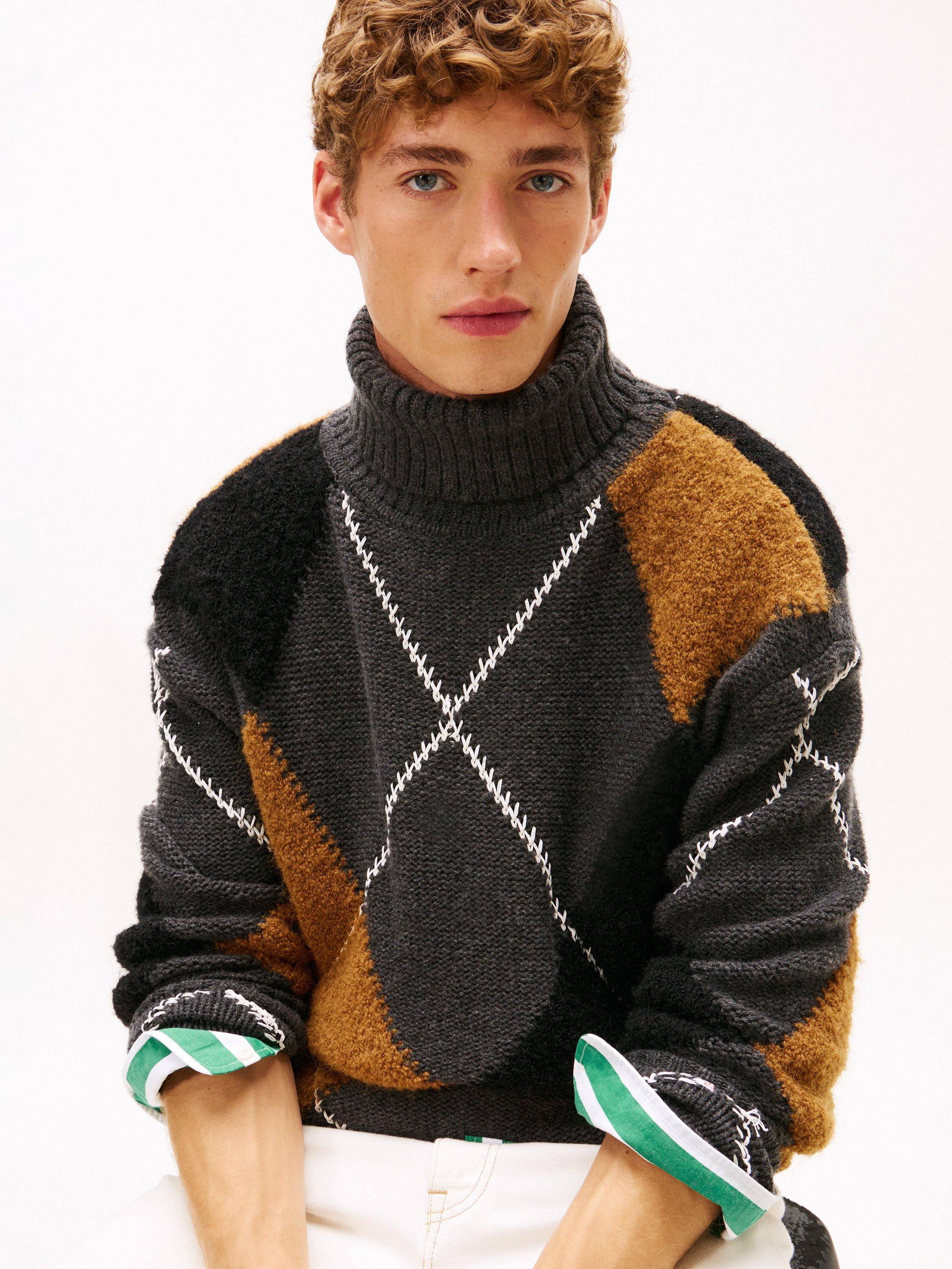 Product image 4 of 5, which shows Tommy Hilfiger Wool Blend Argyle Patterned Knit Roll Neck Jumper, Dark Grey Heather, XS