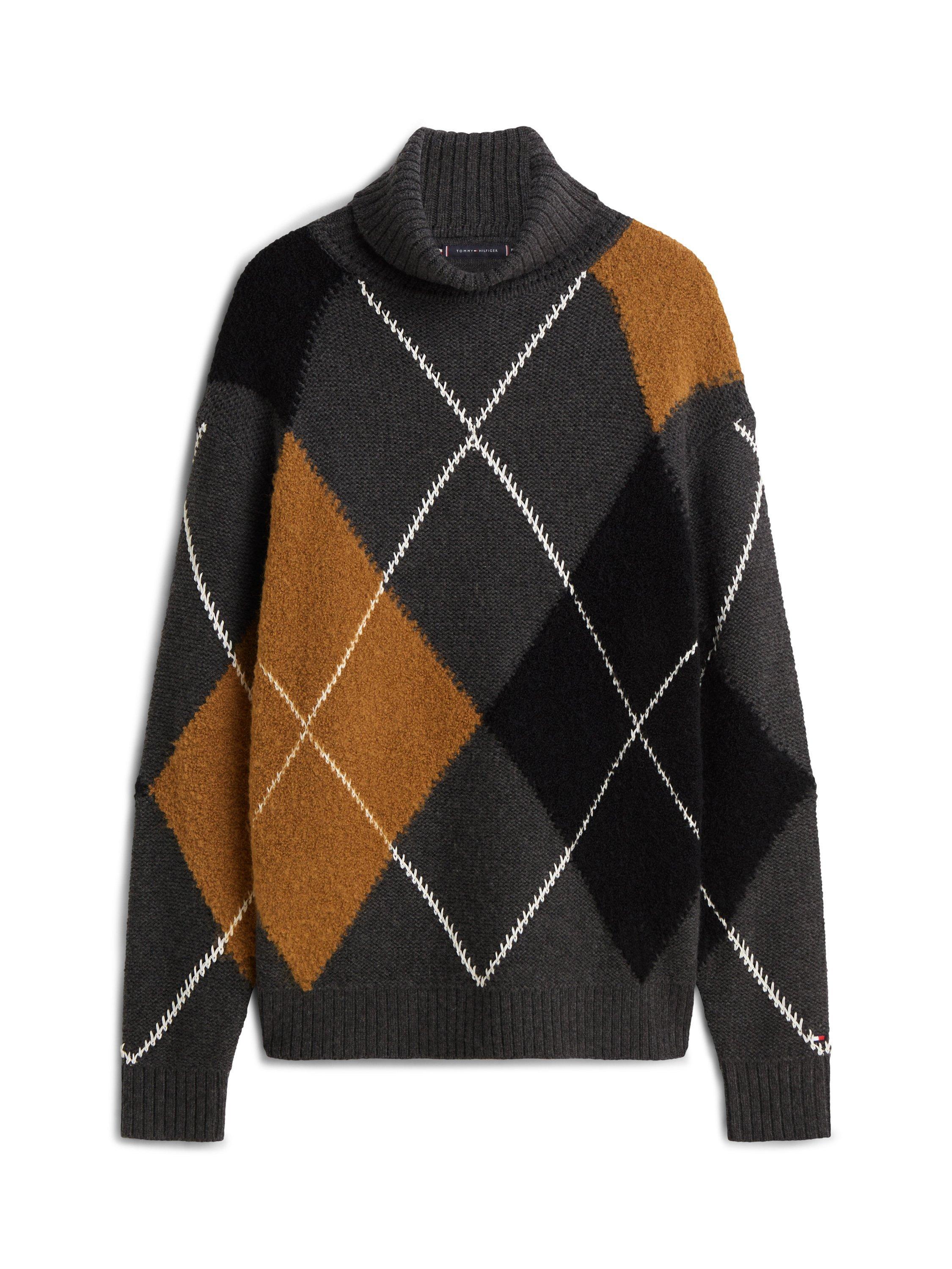 Product image 5 of 5, which shows Tommy Hilfiger Wool Blend Argyle Patterned Knit Roll Neck Jumper, Dark Grey Heather, XS