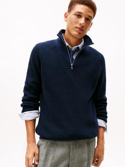 Tommy Hilfiger Fisherman Rib Half-Zip Mock Neck Jumper, Dark Night Navy