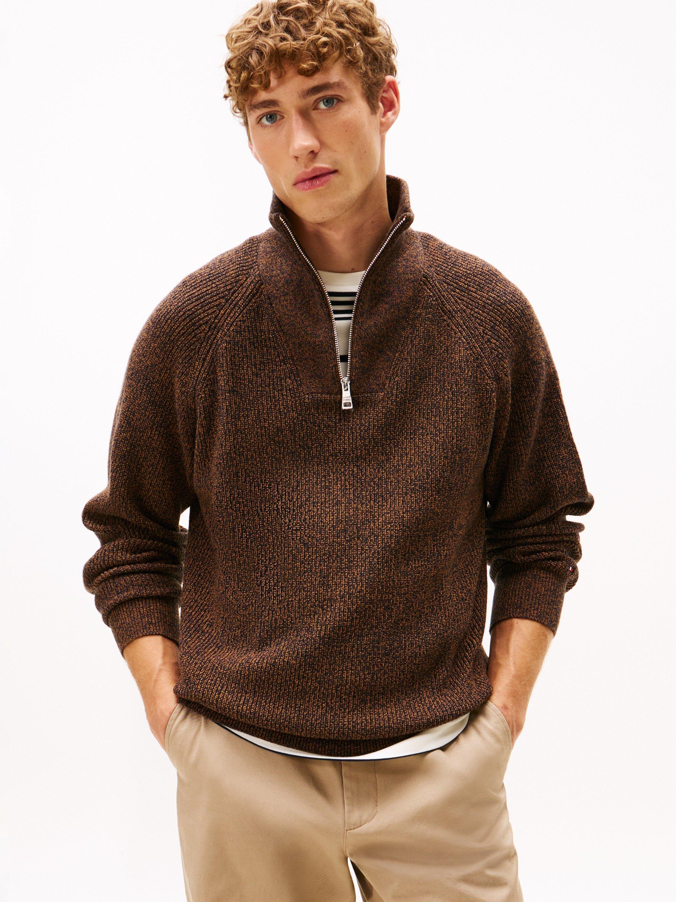 Tommy Hilfiger Fisherman Rib Half-Zip Mock Neck Jumper, Highland Khaki