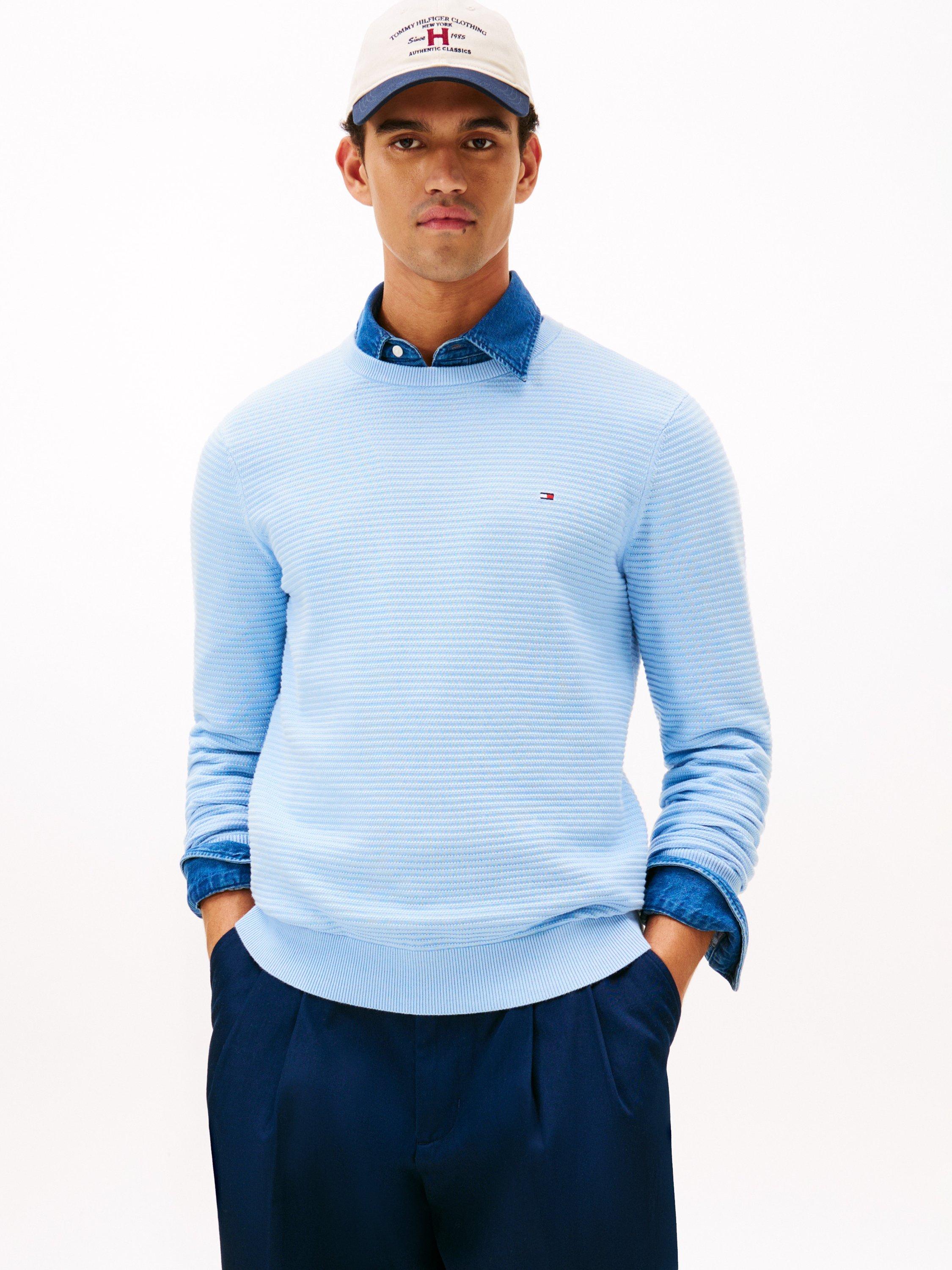 Product image 1 of 5, which shows Tommy Hilfiger Cotton Textured Crew Neck Structured Jumper, Well Water, XS