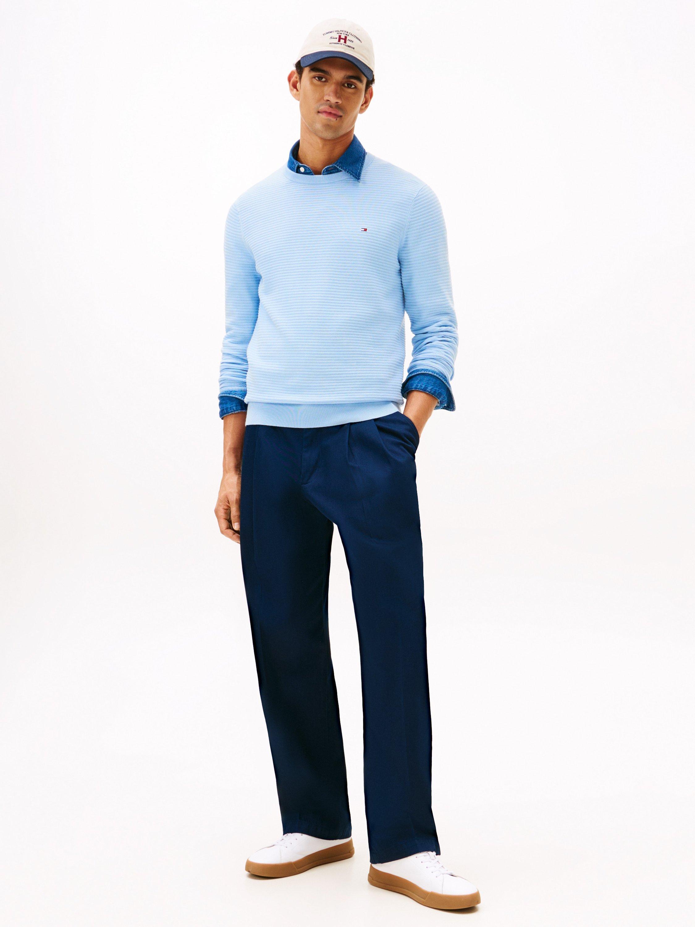 Product image 3 of 5, which shows Tommy Hilfiger Cotton Textured Crew Neck Structured Jumper, Well Water, XS