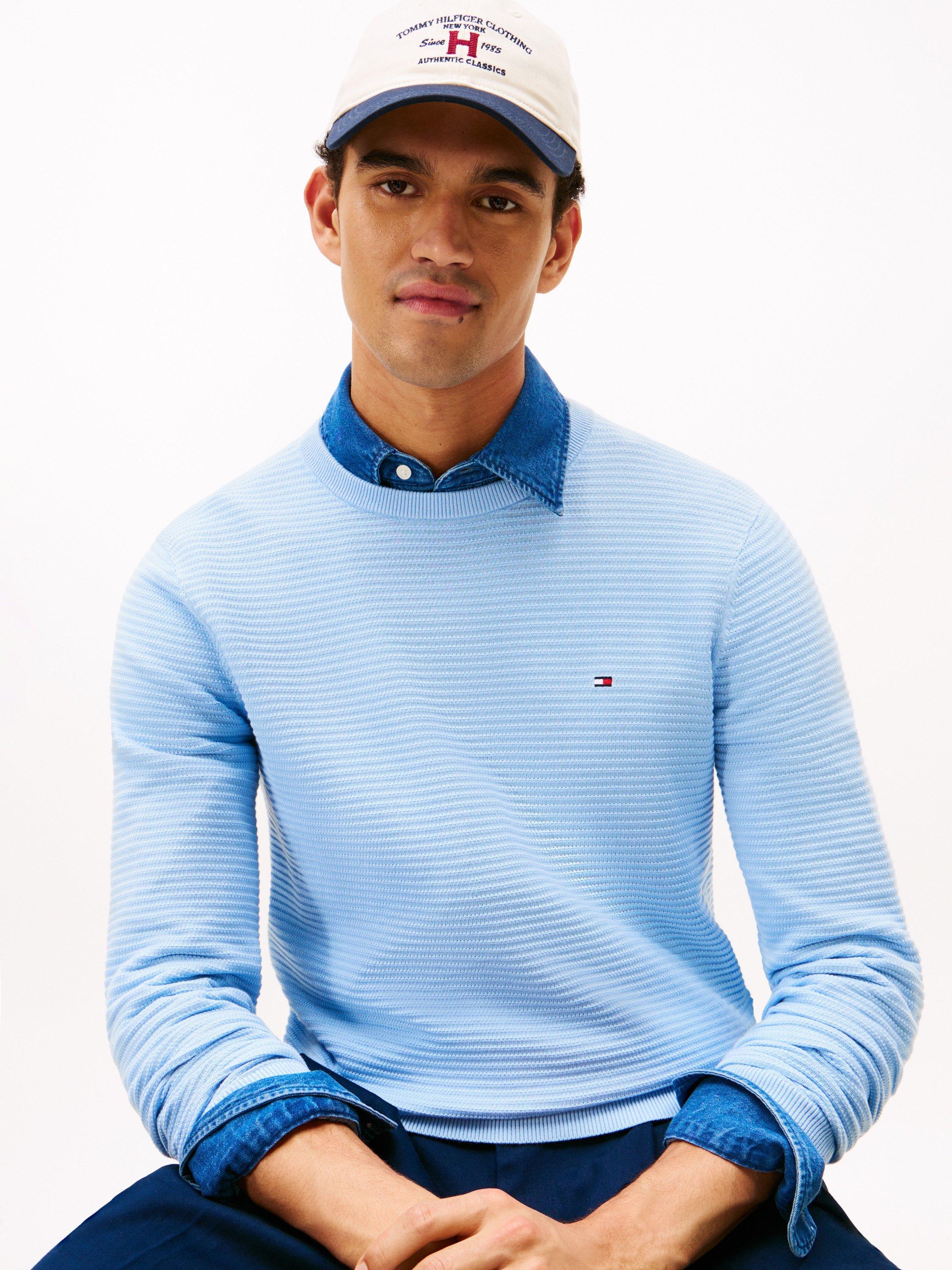 Product image 4 of 5, which shows Tommy Hilfiger Cotton Textured Crew Neck Structured Jumper, Well Water, XS