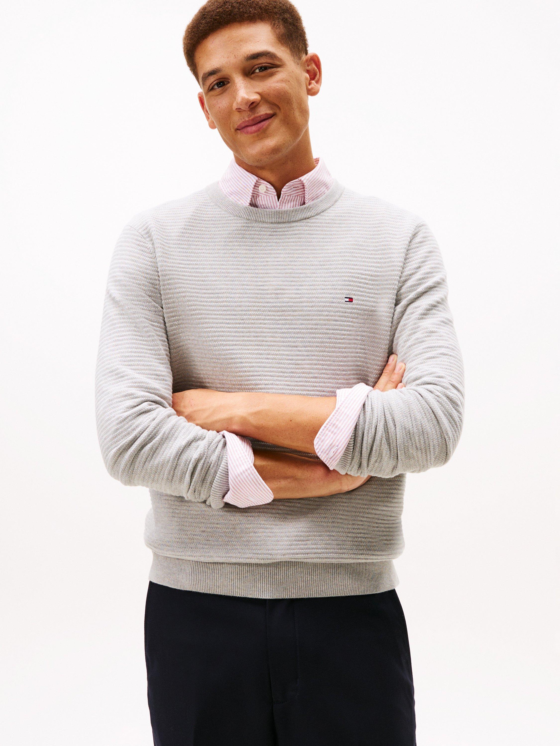 Product image 1 of 5, which shows Tommy Hilfiger Cotton Textured Crew Neck Structured Jumper, Light Grey Heather, XS