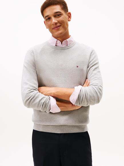 Tommy Hilfiger Cotton Textured Crew Neck Structured Jumper, Light Grey Heather