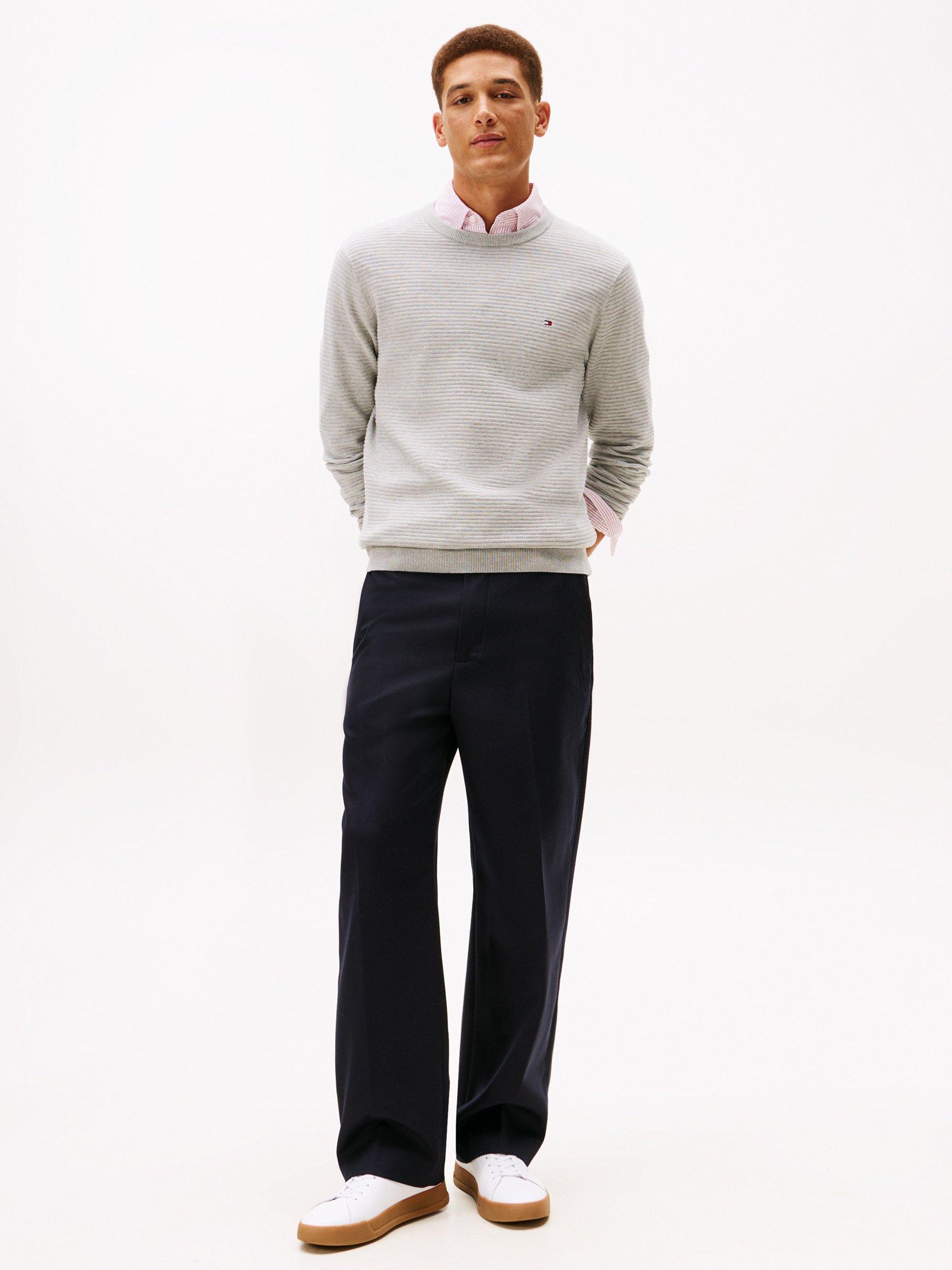 Product image 3 of 5, which shows Tommy Hilfiger Cotton Textured Crew Neck Structured Jumper, Light Grey Heather, XS