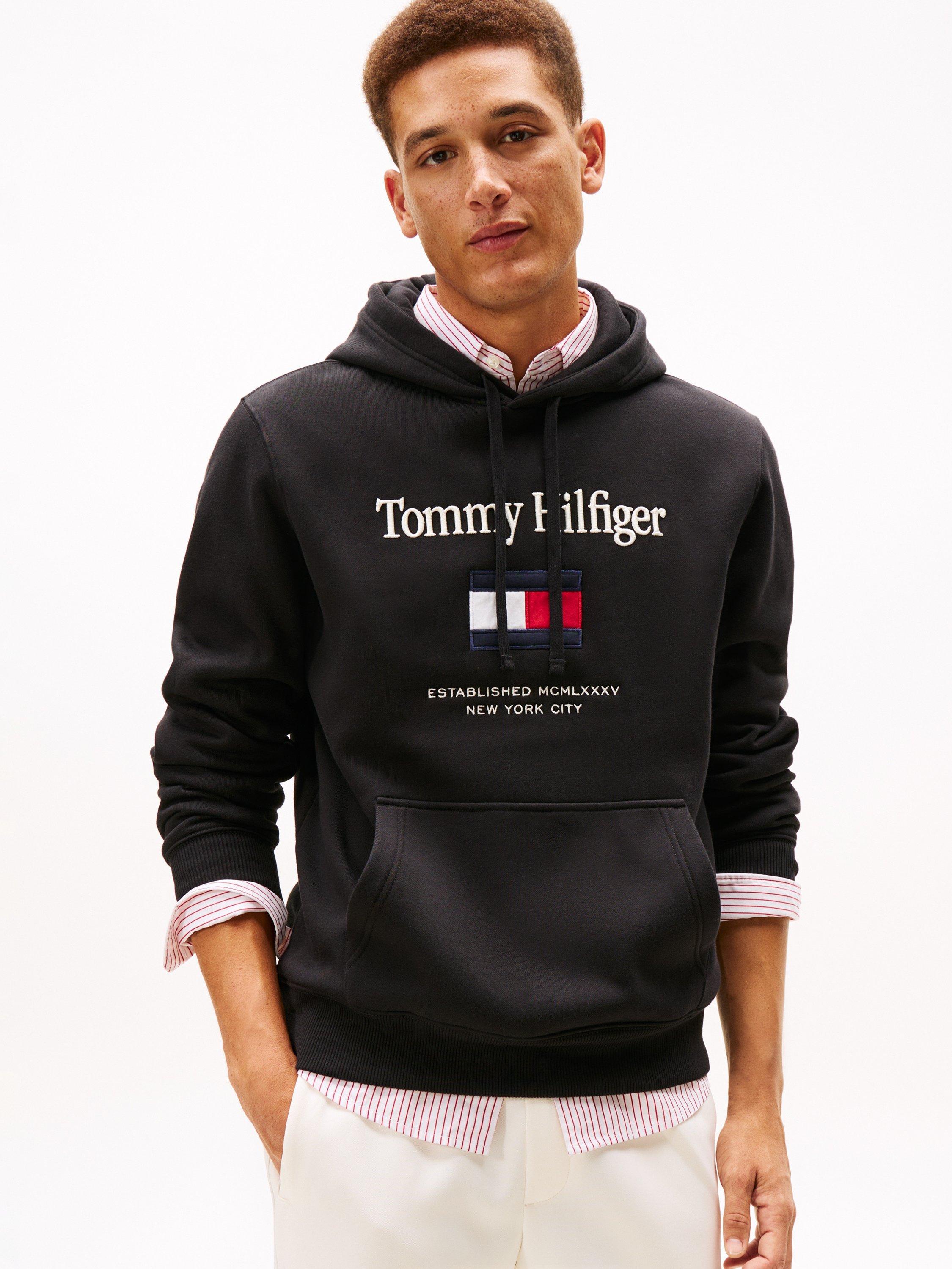 Product image 1 of 5, which shows Tommy Hilfiger Cotton Blend Embroidered Flag Hoodie, Black, XS