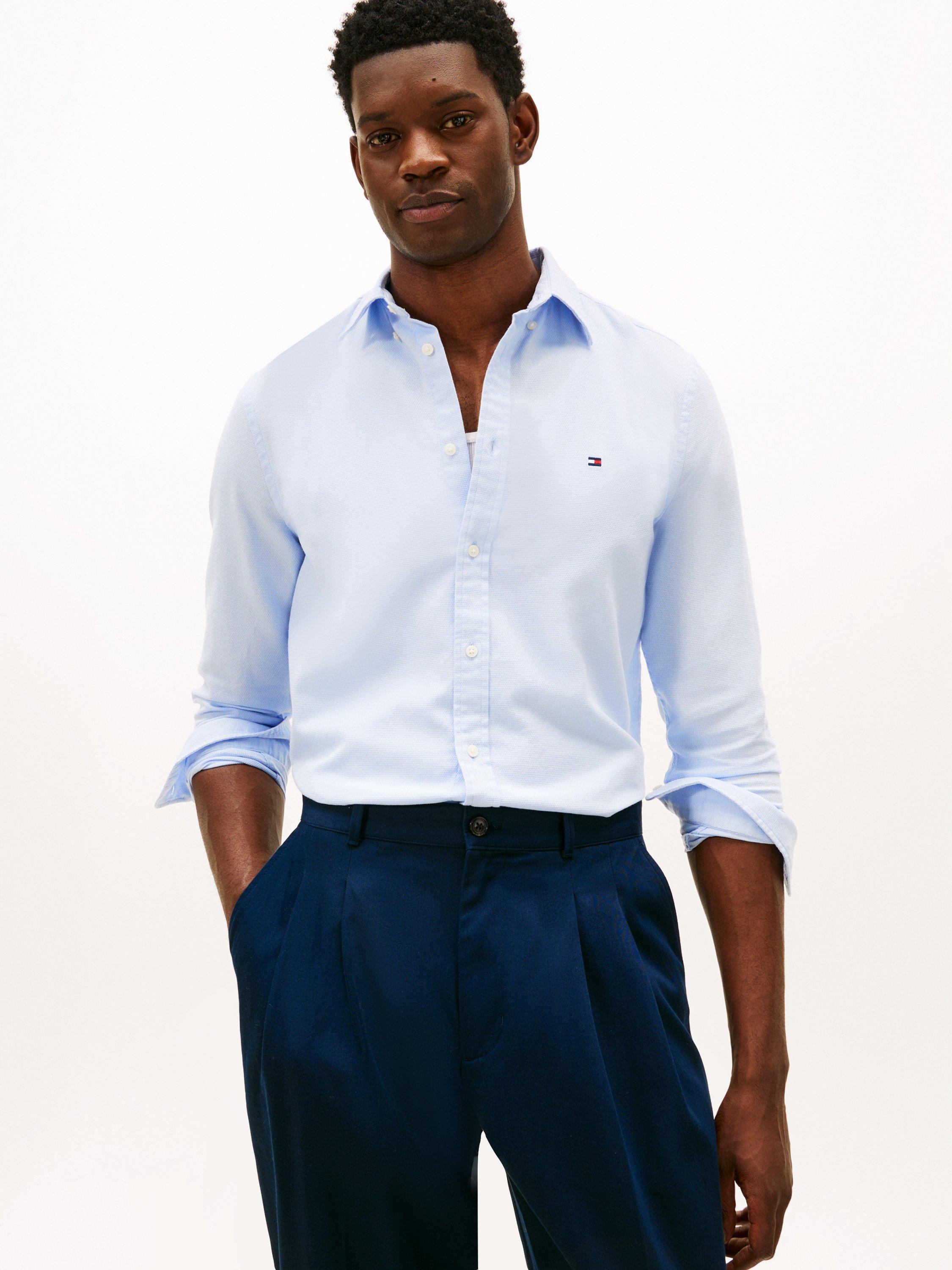 Product image 1 of 5, which shows Tommy Hilfiger Flex Dobby Cotton Slim Fit Logo Shirt, Sweet Blue, XS