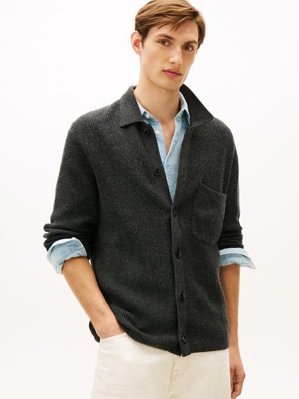 Tommy Hilfiger Cotton Blend Fisherman Rib Knit Coach Jacket, Dark Grey Heather, Dark Grey Heather