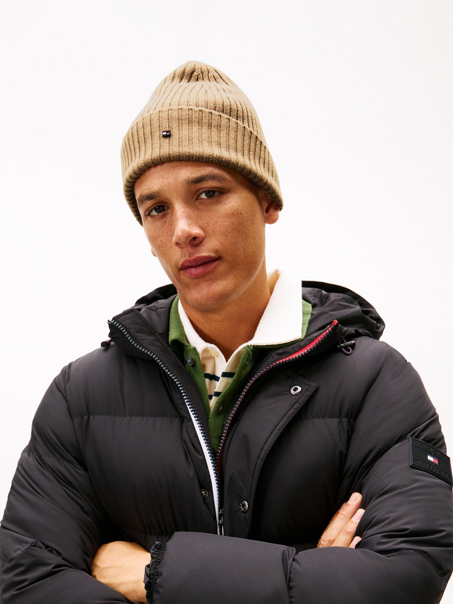 Product image 2 of 4, which shows Tommy Hilfiger Wool Flag Beanie, Driftwood Taupe, One Size
