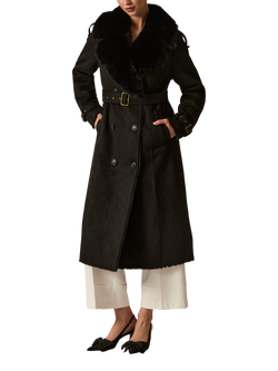 James Lakeland Faux Fur Collar Double Breasted Coat, Black