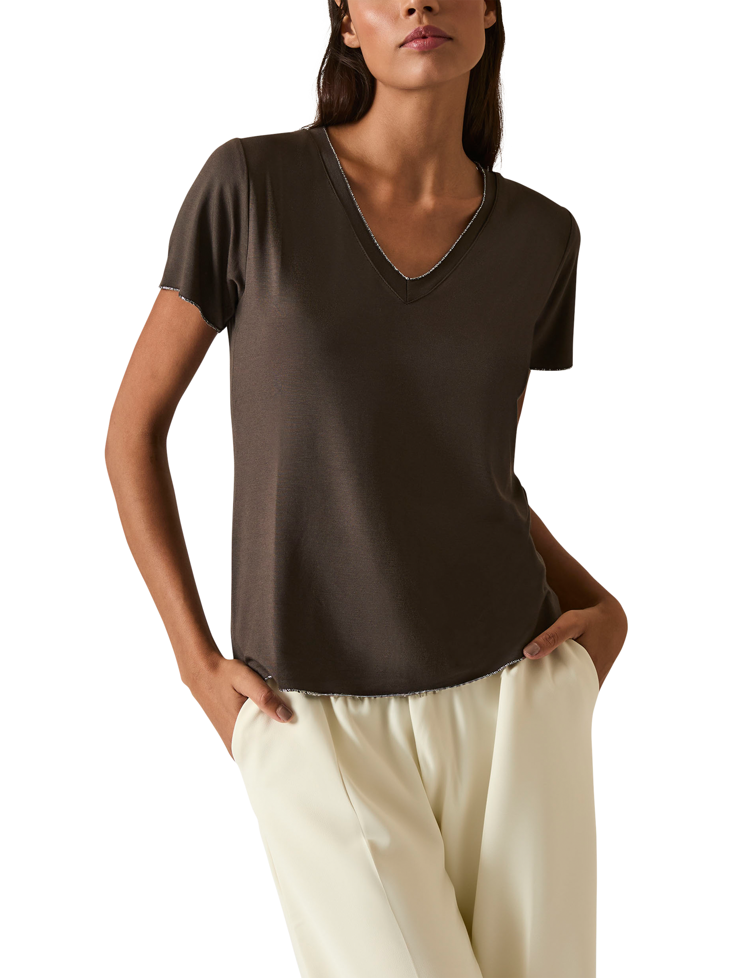 Product image 1 of 6, which shows James Lakeland V-Neck T-Shirt, Brown, 8