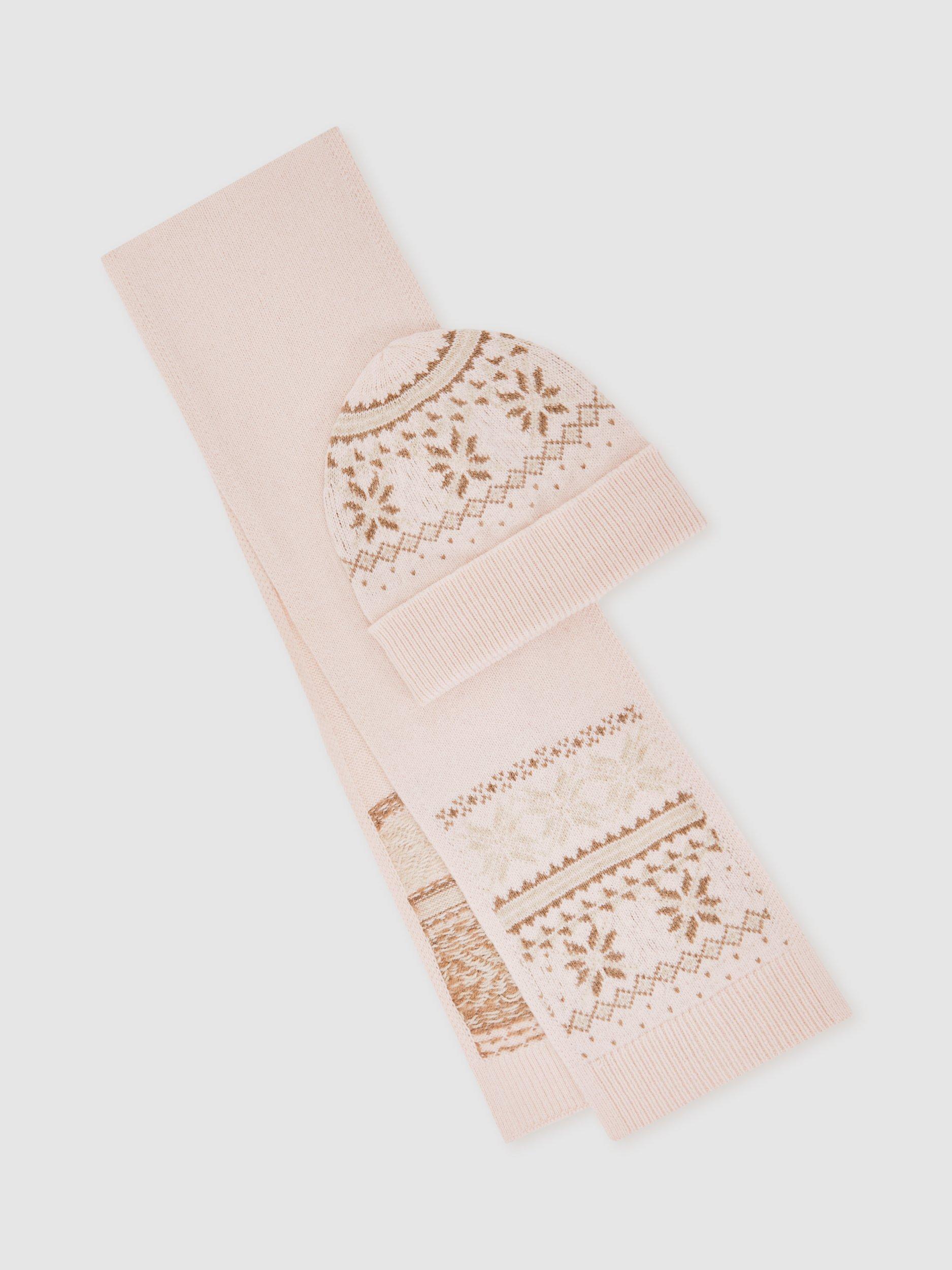 Reiss Farah Fair Isle Beanie Hat & Scarf Gift Set, Ecru