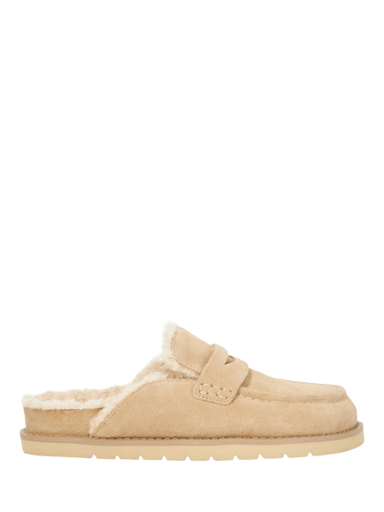 Dune London Goldy Suede Backless Faux Shearling Loafers, Beige, Beige