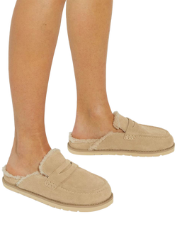 Dune London Goldy Suede Backless Faux Shearling Loafers, Beige - view 2, Beige