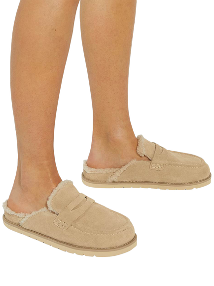 Dune London Goldy Suede Backless Faux Shearling Loafers, Beige - view 2, Beige