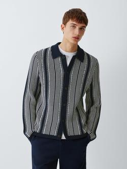 John Lewis Textured Stripe Cotton Knit Cardigan, Navy Blazer/Cream, Navy Blazer/ Crm
