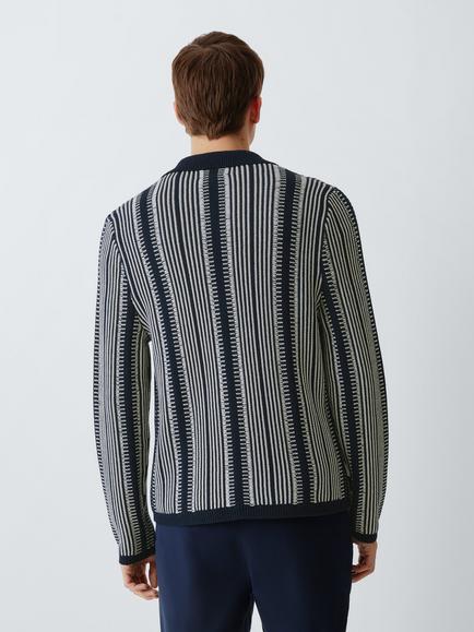 John Lewis Textured Stripe Cotton Knit Cardigan, Navy Blazer/Cream - view 2, Navy Blazer/ Crm