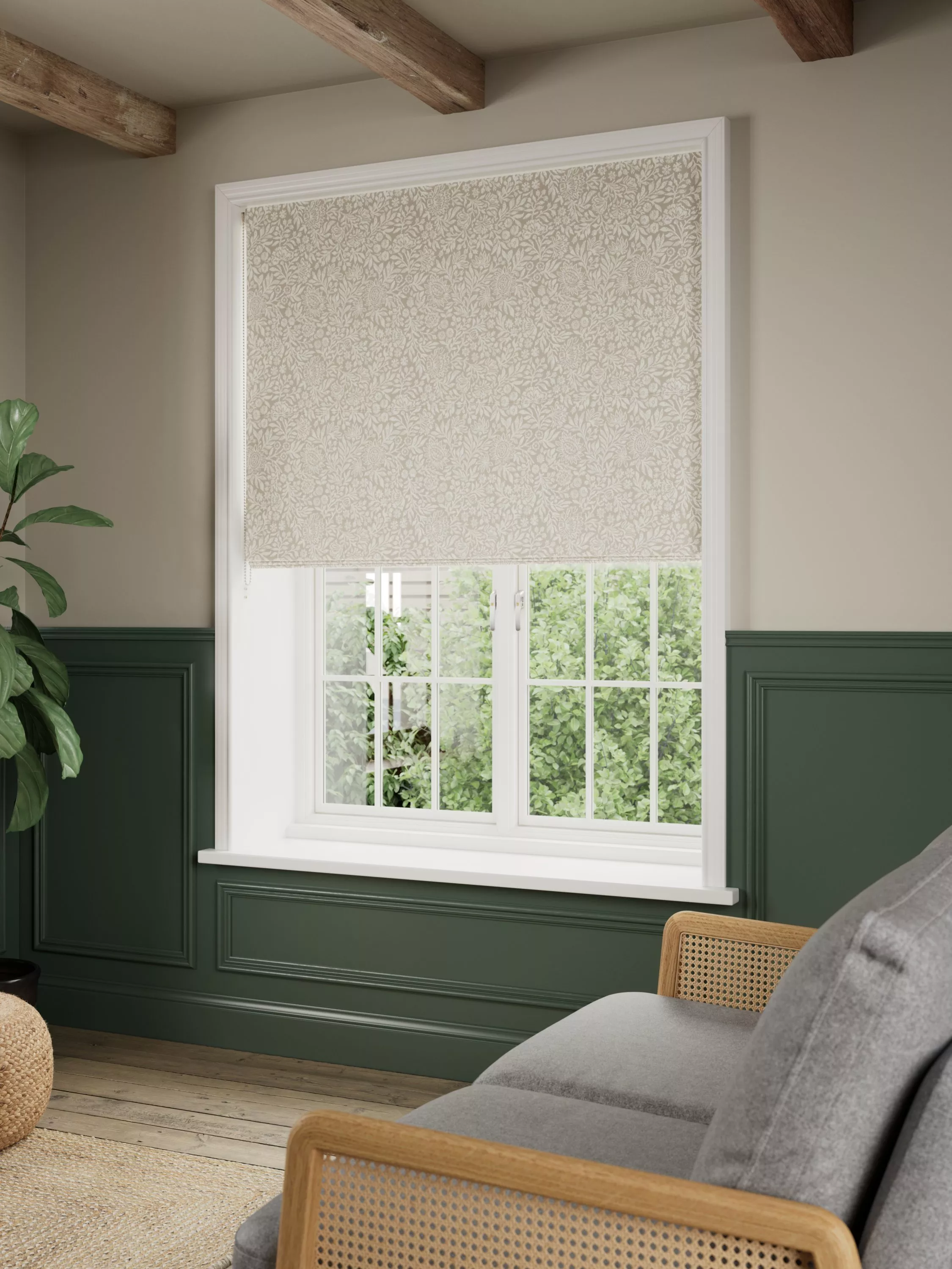 Grey roman blinds in a bathroom setting 