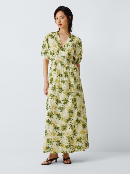 John Lewis Floral Print Cotton Blend Maxi Tea Dress, Yellow/Teal, Yellow / Teal