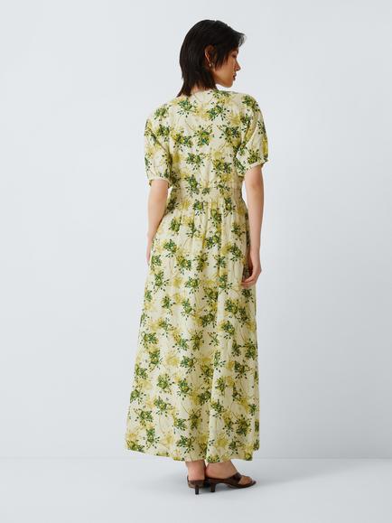 John Lewis Floral Print Cotton Blend Maxi Tea Dress, Yellow/Teal - view 2, Yellow / Teal