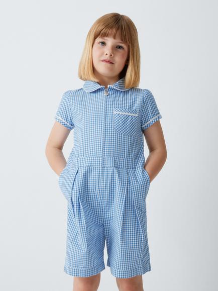 John Lewis Girls' Gingham Cotton School Playsuit, Blue