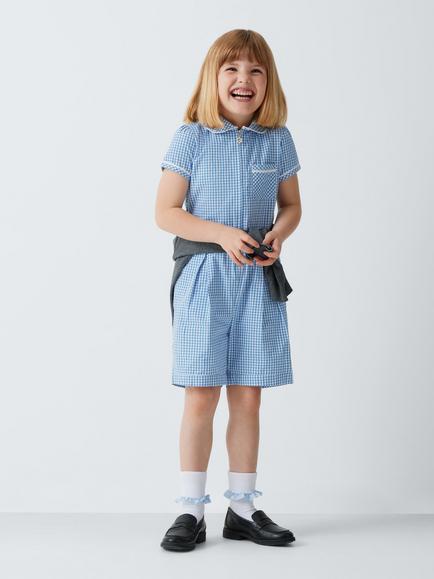 John Lewis Girls' Gingham Cotton School Playsuit - view 2, Blue