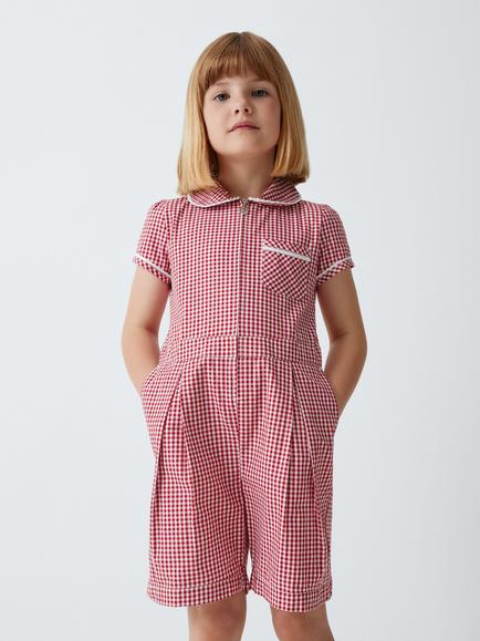 John Lewis Girls' Gingham Cotton School Playsuit, Red