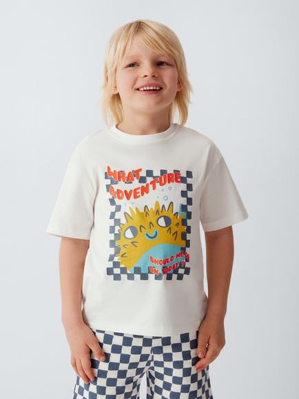 John Lewis Kids' Sunshine T-Shirt & Check Shorts Set, White/Navy, White/Navy