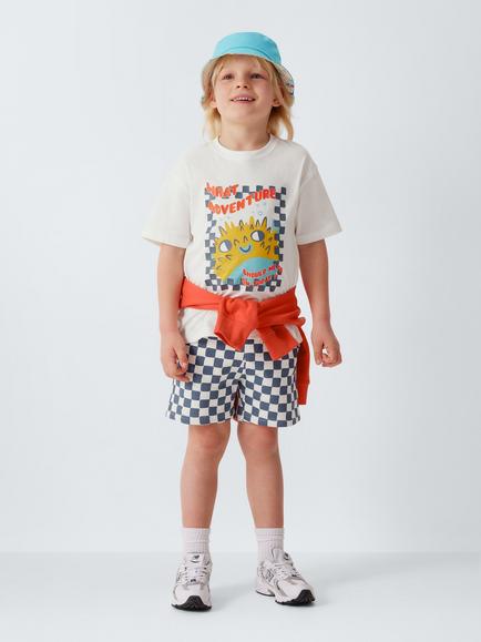 John Lewis Kids' Sunshine T-Shirt & Check Shorts Set, White/Navy - view 2, White/Navy