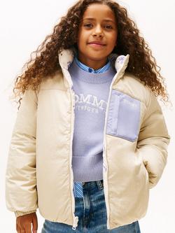 Tommy Hilfiger Kids' Reversible Flower Puffer Jacket, White/Multi, Ancient White/Multi