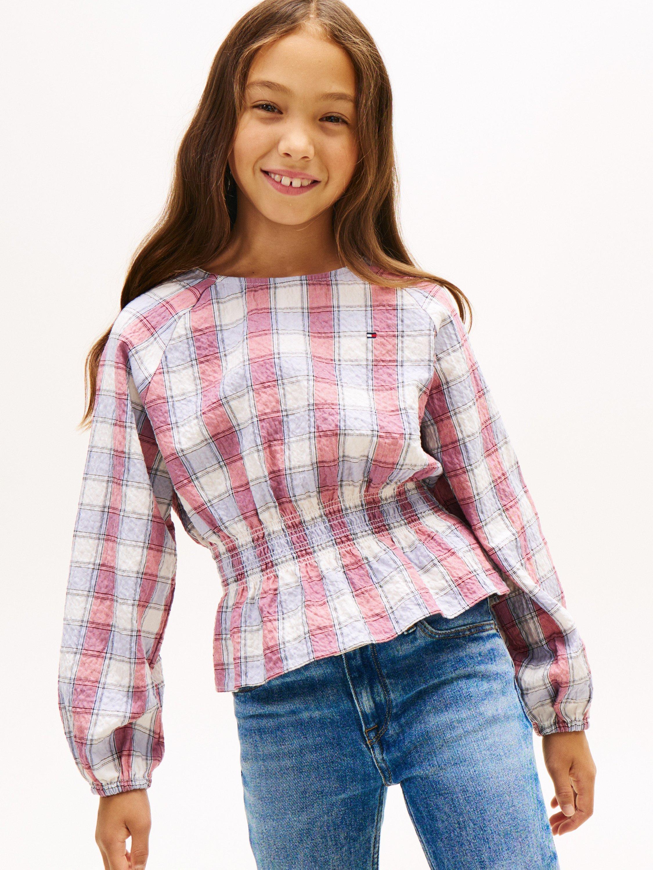 Product image 1 of 5, which shows Tommy Hilfiger Kids' Checked Smock Top, Ancient White/Multi, 3 years
