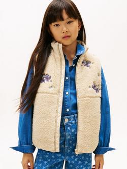 Tommy Hilfiger Kids' Floral Embroidered Teddy Gilet, Gulf Sand, Gulf Sand