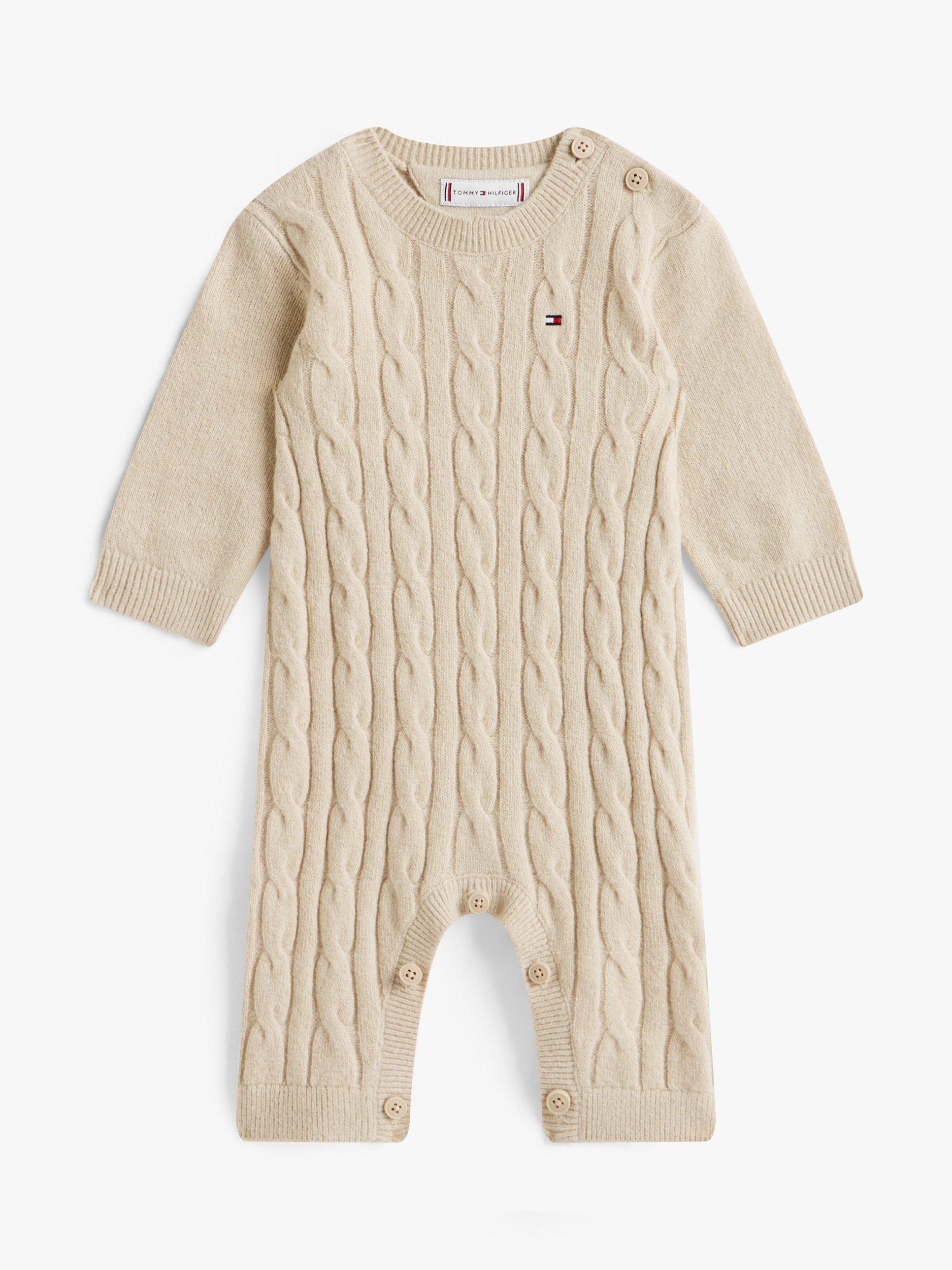 Product image 1 of 2, which shows Tommy Hilfiger Baby Cable Knit Romper Suit, Gulf Sand, 0-3 months
