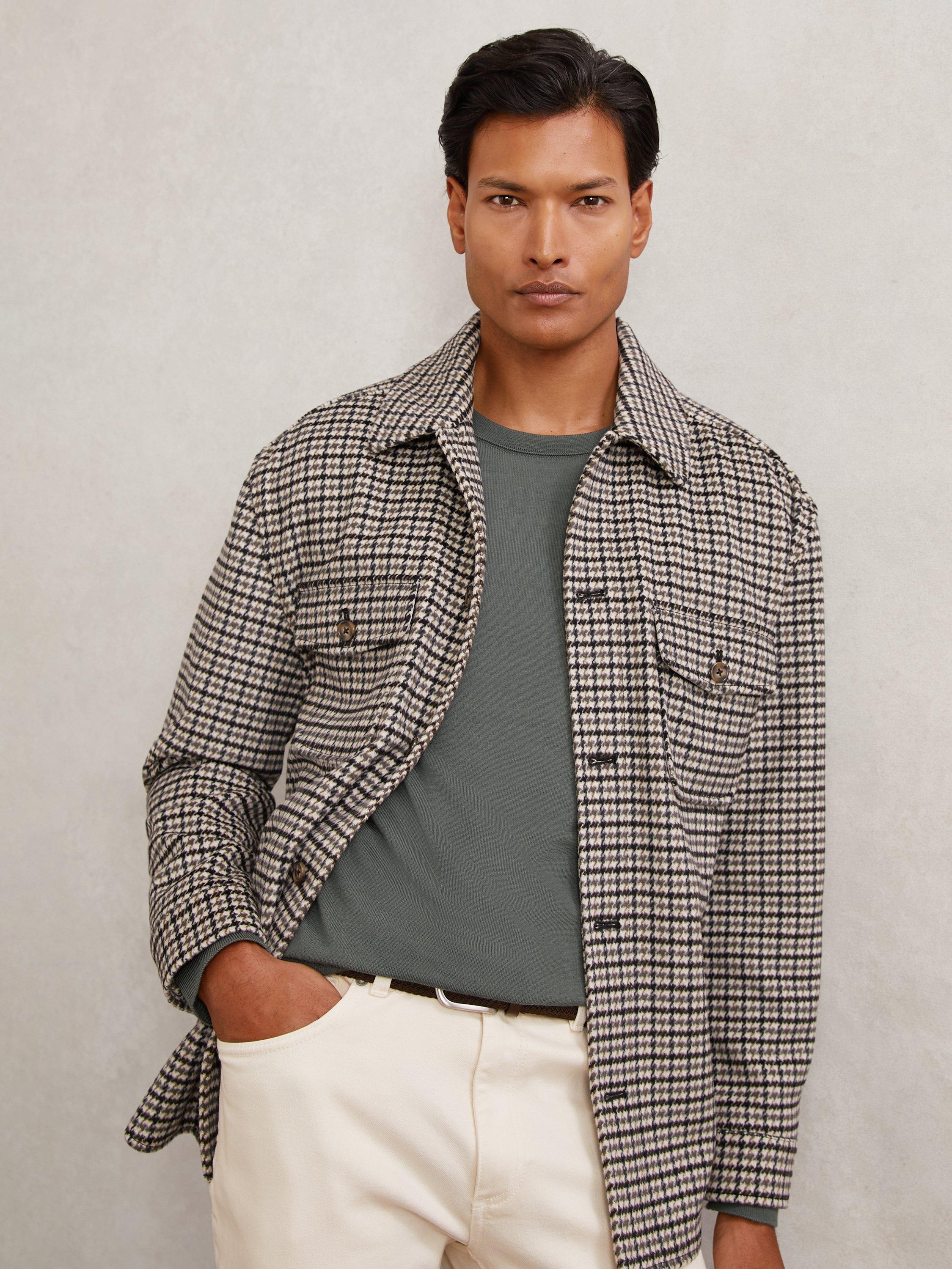 Product image 1 of 5, which shows Reiss Liam Check Wool Blend Overshirt, Grey, XS