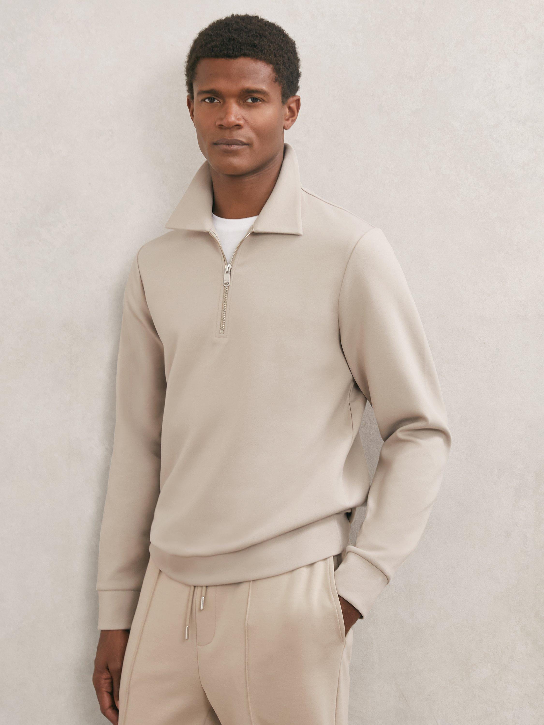 Product image 1 of 5, which shows Reiss Prince Zip Neck Jumper, Stone, XS