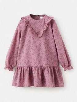 Mango Kids' Pure Cotton Floral Long Sleeved Ruffle Dress, Dark Red, Dark Red
