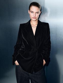 Mango Combi Double Breasted Velvet Blazer, Black, Black