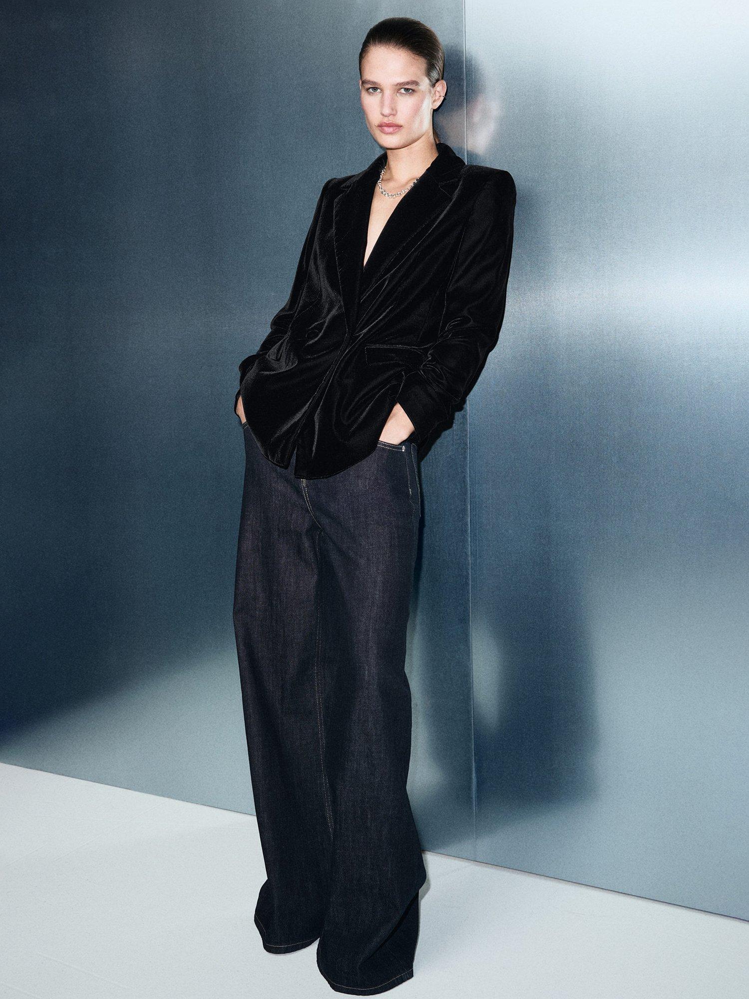 Product image 2 of 9, which shows Mango Combi Double Breasted Velvet Blazer, Black, XXXL