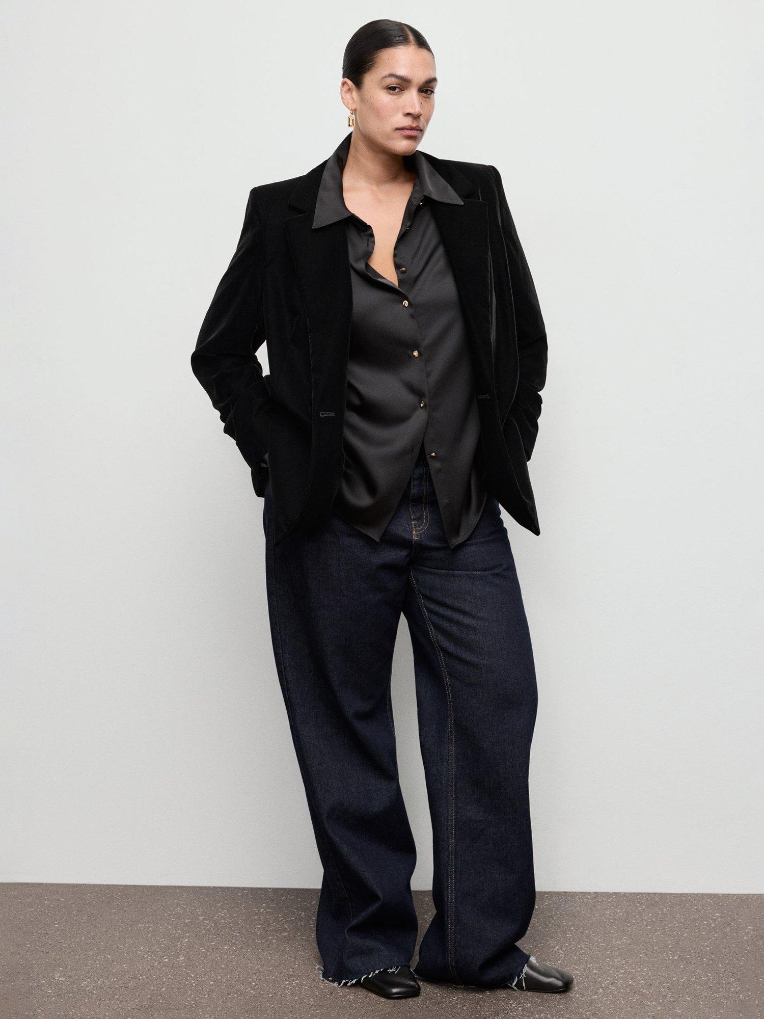 Product image 8 of 9, which shows Mango Combi Double Breasted Velvet Blazer, Black, XXXL